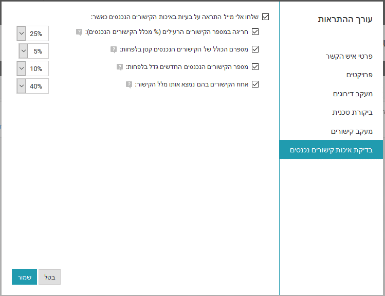 התראות על איכות פרופיל הקישורים הנכנסים