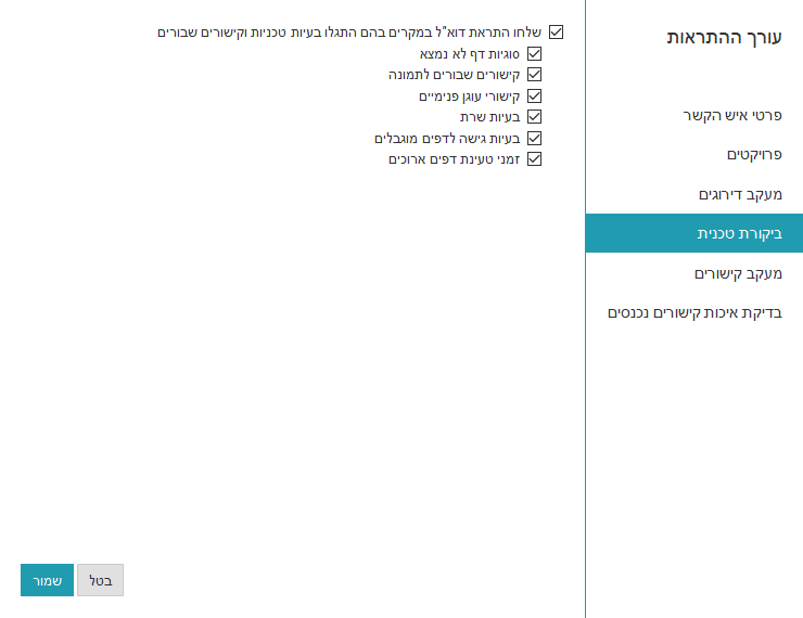 התראות במייל בעקבות בעיות טכניות