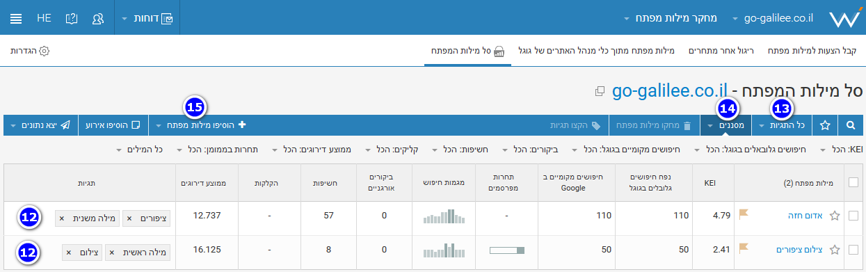 תייוג, מיון וסינון מילות מפתח