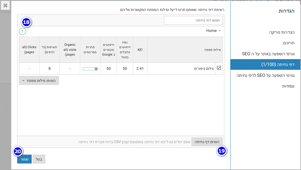 רשימת דפי נחיתה ומילות מפתח